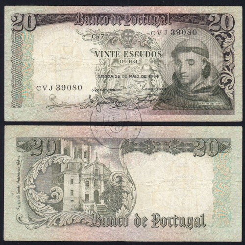 20 Escudos Banknote 1964 Saint Anthony, 20$00 26/05/1964 Plate: 7 - Bank of Portugal (Circulated), Pick 167
