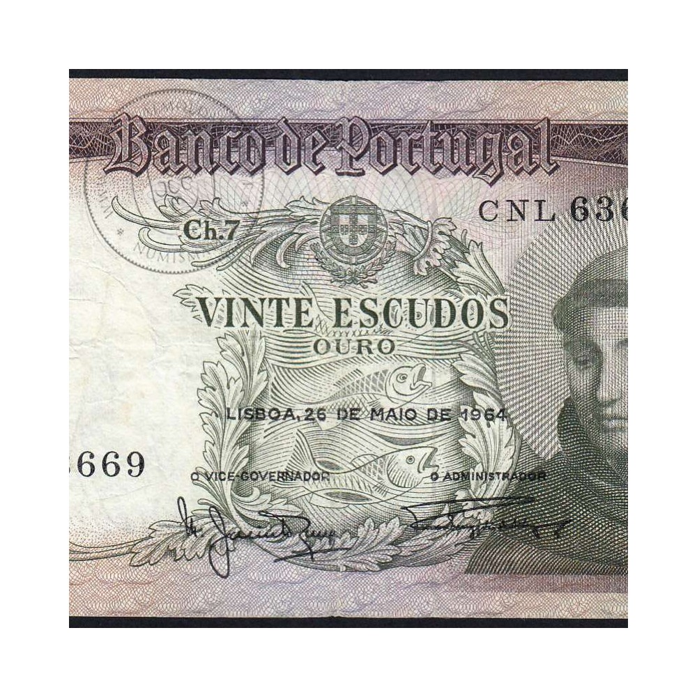 Nota de 20 Escudos 1964 Santo António, 20$00 26/05/1964 Chapa: 7 - Banco de Portugal (Circulada), Pick 167