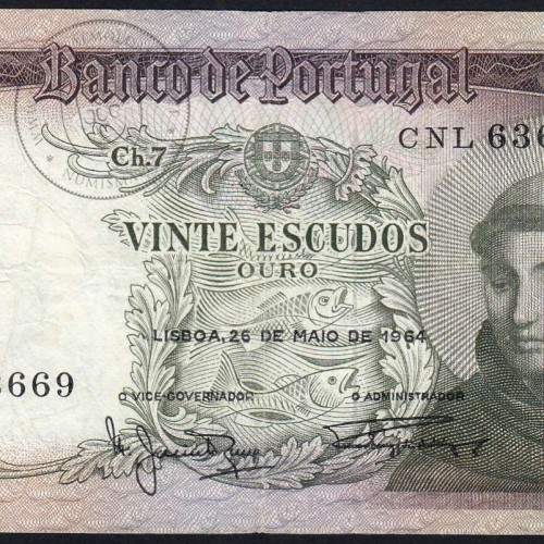 20 Escudos Banknote 1964 Saint Anthony, 20$00 26/05/1964 Plate: 7 - Bank of Portugal (Circulated), Pick 167