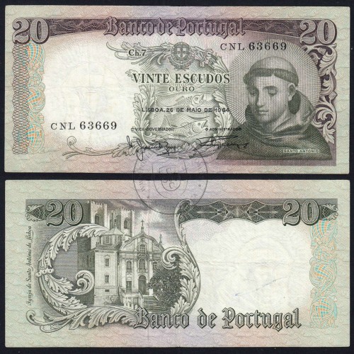 Nota de 20 Escudos 1964 Santo António, 20$00 26/05/1964 Chapa: 7 - Banco de Portugal (Circulada), Pick 167