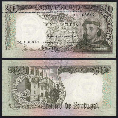 20 Escudos Banknote 1964 Saint Anthony, 20$00 26/05/1964 Plate: 7 - Bank of Portugal (Circulated), Pick 167