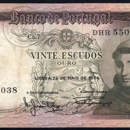20 Escudos Banknote 1964 Saint Anthony, 20$00 26/05/1964 Plate: 7 - Bank of Portugal (Circulated), Pick 167