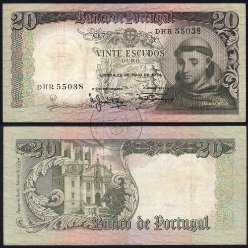 Nota de 20 Escudos 1964 Santo António, 20$00 26/05/1964 Chapa: 7 - Banco de Portugal (Circulada), Pick 167