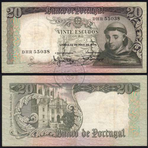 20 Escudos Banknote 1964 Saint Anthony, 20$00 26/05/1964 Plate: 7 - Bank of Portugal (Circulated), Pick 167