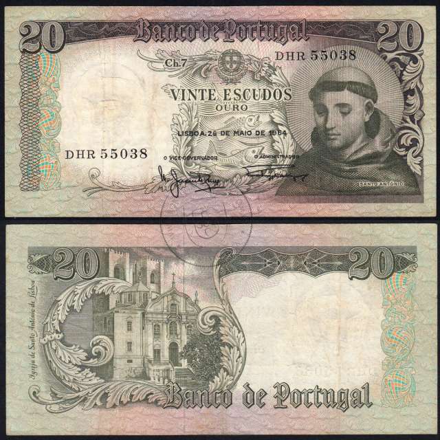 20 Escudos Banknote 1964 Saint Anthony, 20$00 26/05/1964 Plate: 7 - Bank of Portugal (Circulated), Pick 167