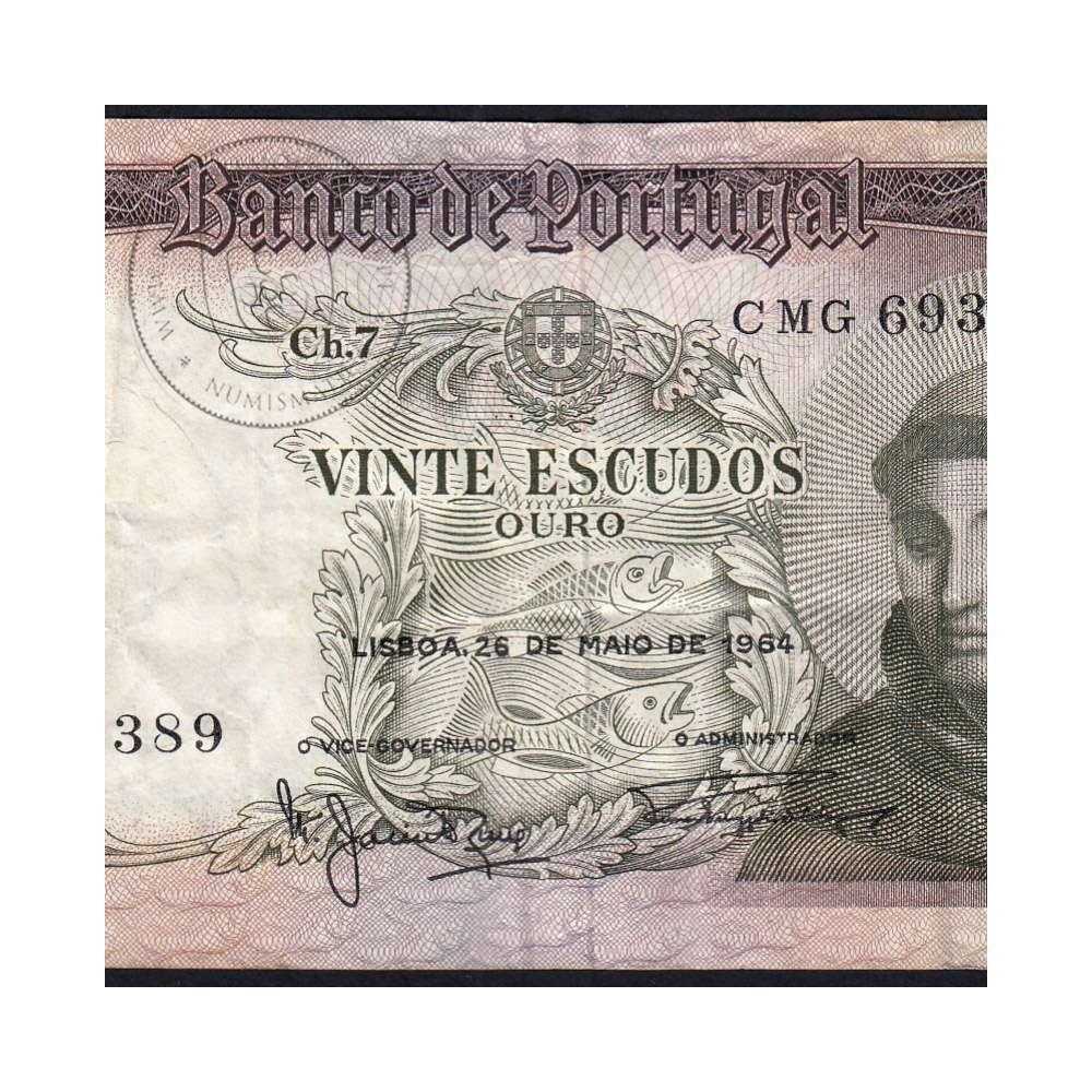 Nota de 20 Escudos 1964 Santo António, 20$00 26/05/1964 Chapa: 7 - Banco de Portugal (Circulada), Pick 167