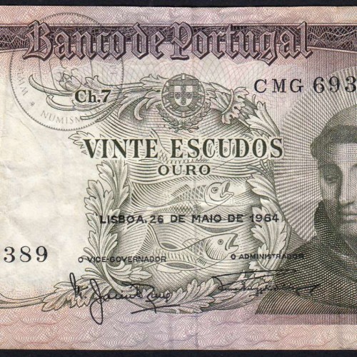 Nota de 20 Escudos 1964 Santo António, 20$00 26/05/1964 Chapa: 7 - Banco de Portugal (Circulada), Pick 167