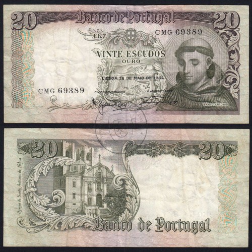 Nota de 20 Escudos 1964 Santo António, 20$00 26/05/1964 Chapa: 7 - Banco de Portugal (Circulada), Pick 167