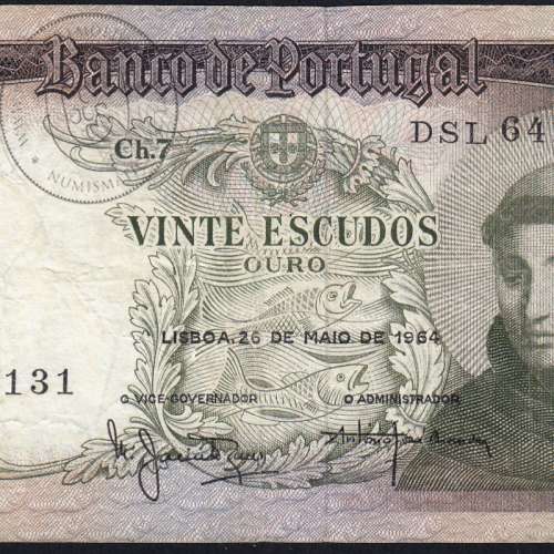 Nota de 20 Escudos 1964 Santo António, 20$00 26/05/1964 Chapa: 7 - Banco de Portugal (Circulada), Pick 167