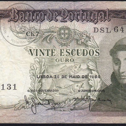 20 Escudos Banknote 1964 Saint Anthony, 20$00 26/05/1964 Plate: 7 - Bank of Portugal (Circulated), Pick 167