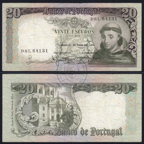 Nota de 20 Escudos 1964 Santo António, 20$00 26/05/1964 Chapa: 7 - Banco de Portugal (Circulada), Pick 167