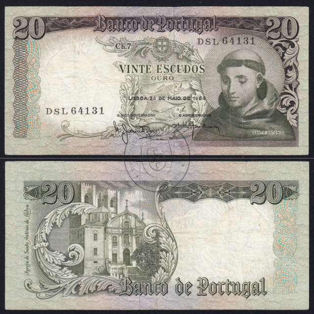 20 Escudos Banknote 1964 Saint Anthony, 20$00 26/05/1964 Plate: 7 - Bank of Portugal (Circulated), Pick 167