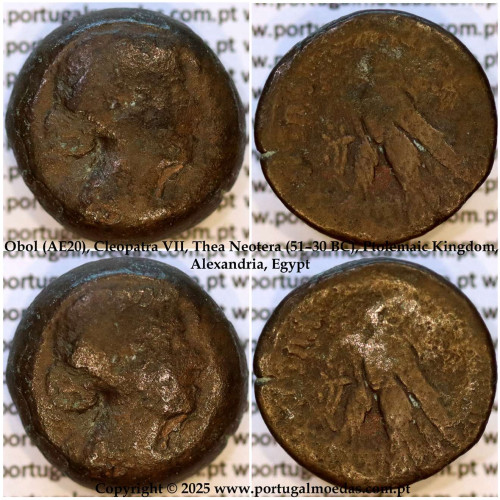 Óbolo de Bronze (AE20), Cleópatra VII, Thea Neotera (51–30 a.C.), ΚΛΕΟΠΑΤΡΑΣ ΒΑΣΙΛΙΣΣΗΣ, Reino Ptolemaico, Alexandria, Egito