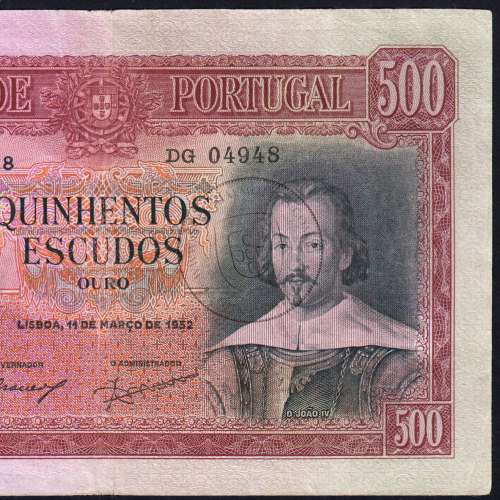 500 Escudos 1952 D.João IV 11/03/1952, 500$00 Quinhentos Escudos Chapa:8 Banco de Portugal, (C), Pick 158