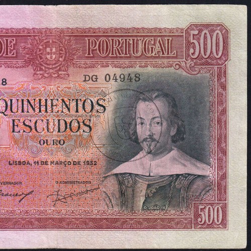 500 Escudos 1952 D.João IV 11/03/1952, 500$00 Quinhentos Escudos Chapa:8 Banco de Portugal, (C), Pick 158