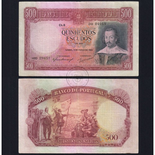 500 Escudos 1952 D.João IV 11/03/1952, 500$00 Quinhentos Escudos Chapa:8 Banco de Portugal, (C), Pick 158