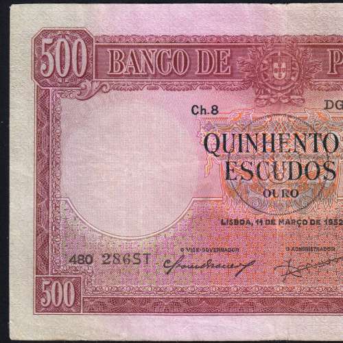500 Escudos 1952 D.João IV 11/03/1952, 500$00 Quinhentos Escudos Chapa:8 Banco de Portugal, (C), Pick 158