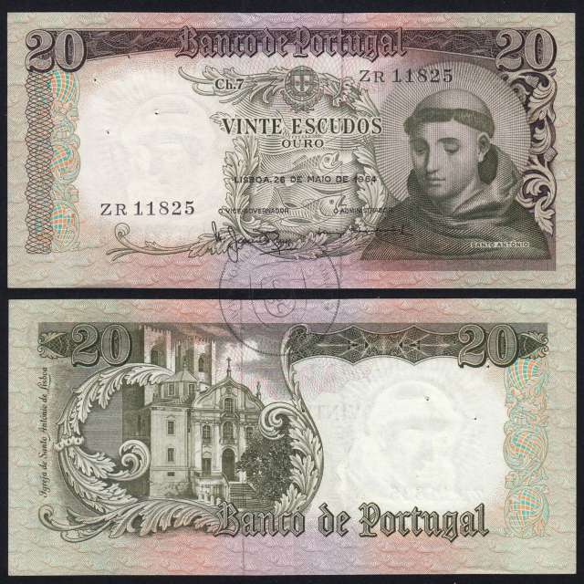 Variante assinatura - Nota de 20 Escudos 1964 Santo António, 26/05/1964 Chapa: 7 - Banco de Portugal (Circulada), Pick 167