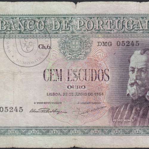 Nota de 100 Escudos 1954 Pedro Nunes, 100$00 22/06/1954 Chapa: 6 - Banco de Portugal (Circulada), Pick 159
