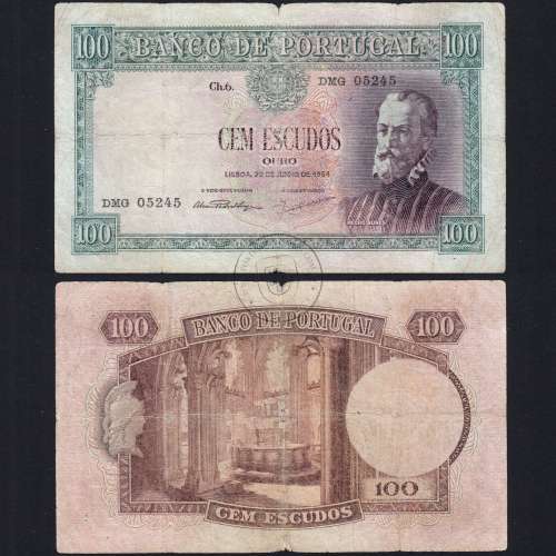 100 Escudos Banknote 1954 Pedro Nunes, 100$00 22/06/1954 Plate: 6 - Bank of Portugal (Circulated), Pick 159