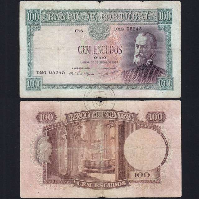 100 Escudos Banknote 1954 Pedro Nunes, 100$00 22/06/1954 Plate: 6 - Bank of Portugal (Circulated), Pick 159