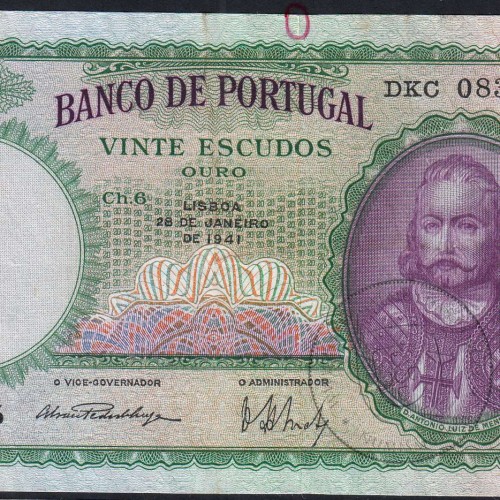 20 Escudos 1941 D. António Menezes 28/01/1941, 20$00 Twenty Escudos 28/01/1941 Plate: 6 Bank of Portugal, (C), Pick 153