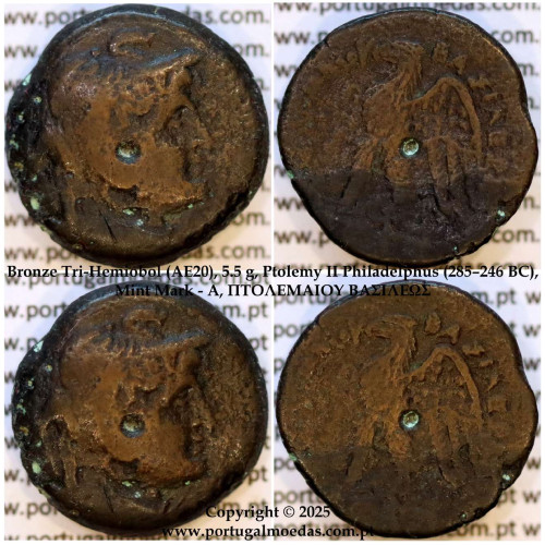 Tri‑Hemiobol (1,5 óbolo) de Bronze (AE20), 5,5 g., Ptolemeu II Filadelfo (285–246 a.C.), Oficina - A, ΠTOΛΕΜΑΙΟΥ ΒΑΣΙΛΕΩΣ, Rara