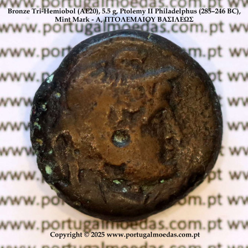 Bronze Tri-Hemiobol (AE20), 5.5 g, Ptolemy II Philadelphus (285–246 BC), Mint Mark - A, ΠTOΛΕΜΑΙΟΥ ΒΑΣΙΛΕΩΣ, Rare