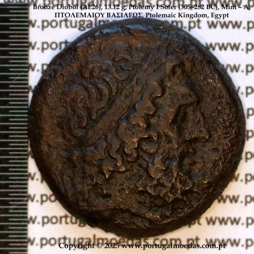 Diobol de Bronze (AE26), 13,12 g., Ptolemeu I Sóter (305–282 a.C.), Oficina - A, ΠTOΛΕΜΑΙΟΥ ΒΑΣΙΛΕΩΣ, Reino Ptolemaico, Egito
