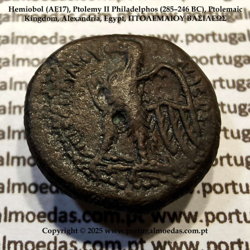 Hemiobol de Bronze (AE17), Ptolemeu II Filadelfo (285–246 a.C.), Reino Ptolemaico, Alexandria, Egito, ΠTOΛΕΜΑΙΟΥ ΒΑΣΙΛΕΩΣ