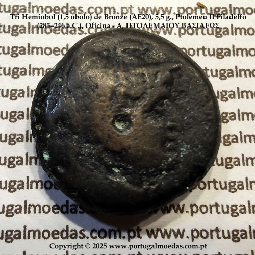 Bronze Tri-Hemiobol (AE20), 5.5 g, Ptolemy II Philadelphus (285–246 BC), Mint Mark - A, ΠTOΛΕΜΑΙΟΥ ΒΑΣΙΛΕΩΣ, Rare