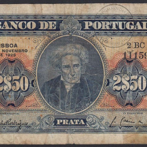 2$50 Escudos Banknote, 1925 Mousinho da Silveira 18/11/1925, 2$50 Escudos Plate: 2 Bank of Portugal, Circulated, Pick 127
