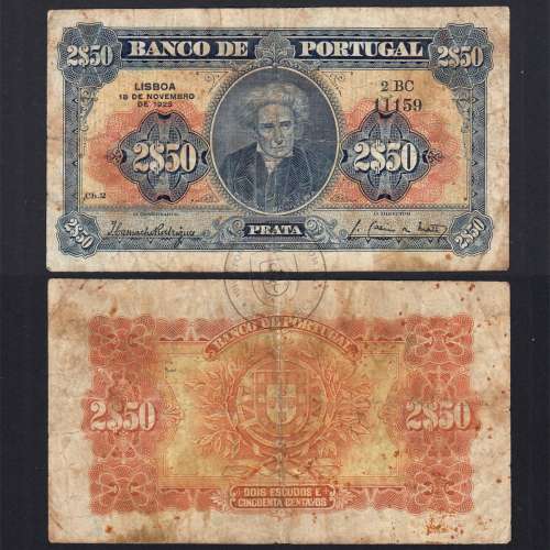 2$50 Escudos Banknote, 1925 Mousinho da Silveira 18/11/1925, 2$50 Escudos Plate: 2 Bank of Portugal, Circulated, Pick 127