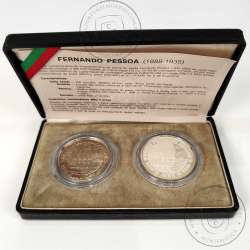 PROOF, 100 Escudos 1985 Fernando Pessoa prata e cuproníquel, Estojo com 2 moedas Proof e BNC 100$00 Poeta Fernando Pessoa, KM628