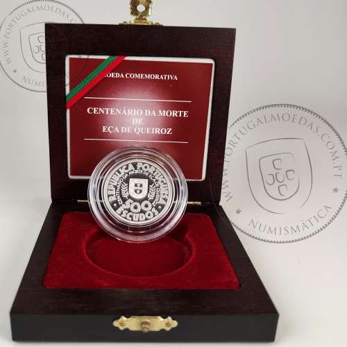 Proof 500 Escudos 2000 Eça de Queiroz, estojo moeda prata Proof 500$00 2000 Eça de Queiroz, World Coins Portugal KM 725a 02