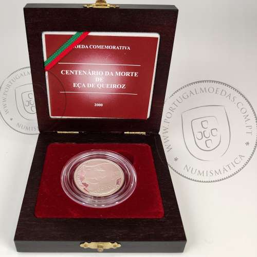 Proof 500 Escudos 2000 Eça de Queiroz, estojo moeda prata Proof 500$00 2000 Eça de Queiroz, World Coins Portugal KM 725a 04