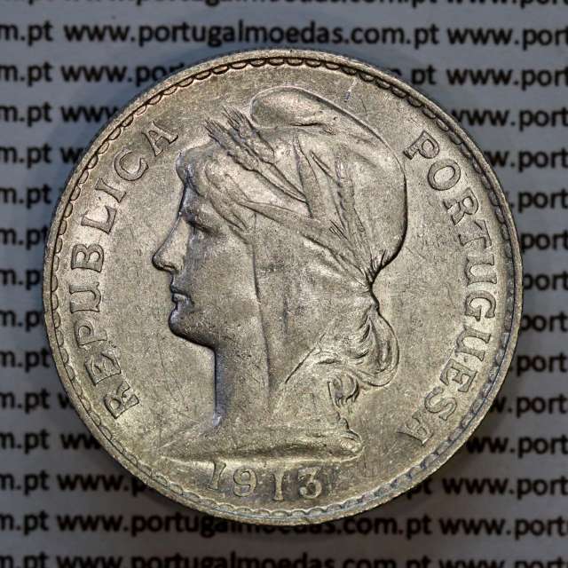 50 centavos 1913 prata, $50 centavos prata 1913 da Republica Portuguesa, (MBC+), World Coins Portugal KM 561
