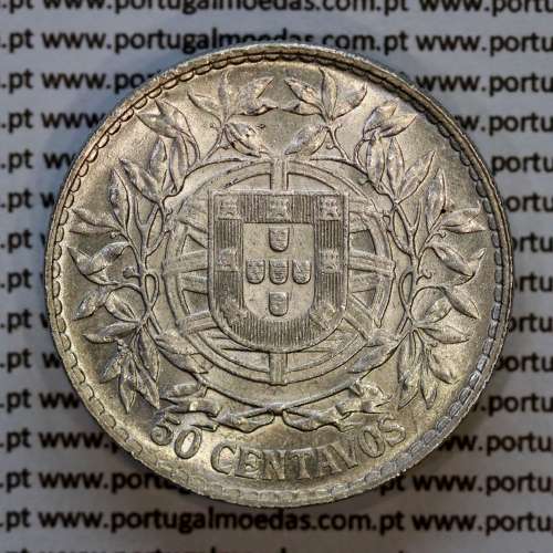 50 centavos 1913 prata, $50 centavos prata 1913 da Republica Portuguesa, (MBC+), World Coins Portugal KM 561