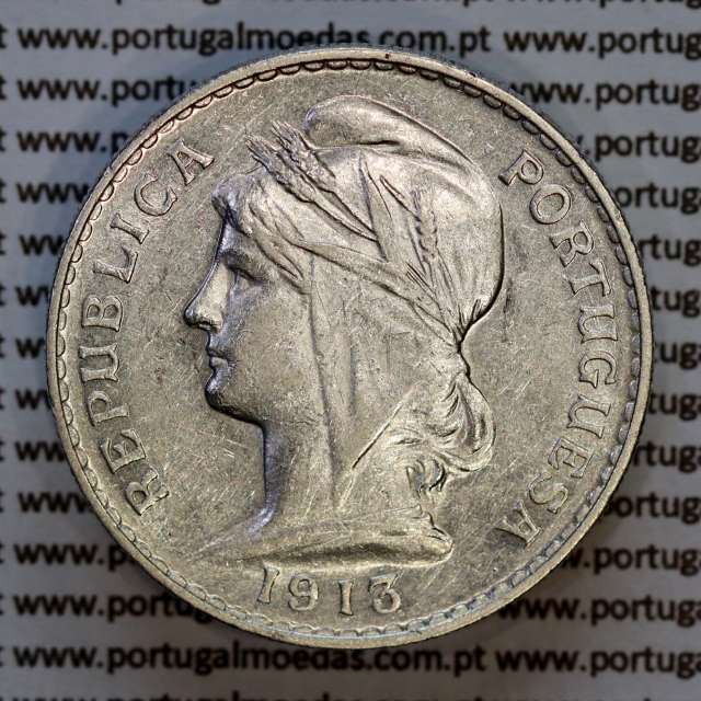 50 centavos 1913 prata, $50 centavos prata 1913 da Republica Portuguesa, (MBC+), World Coins Portugal KM 561 B1