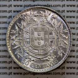 50 centavos 1914 prata, $50 centavos prata 1914 da Republica Portuguesa, (Soberba), World Coins Portugal KM 561 04