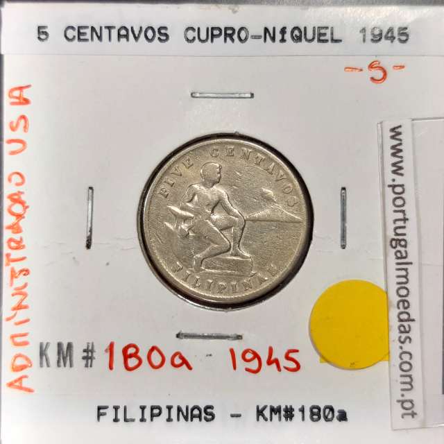 Filipinas 5 Centavos 1945 Cupro-Niquel, (MBC), World Coins Philippines KM 180a