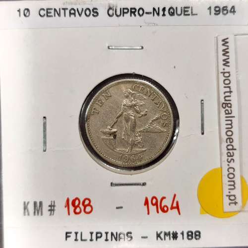 Filipinas 10 Centavos 1964 Cupro-Niquel, (Bela), World Coins Philippines KM 188