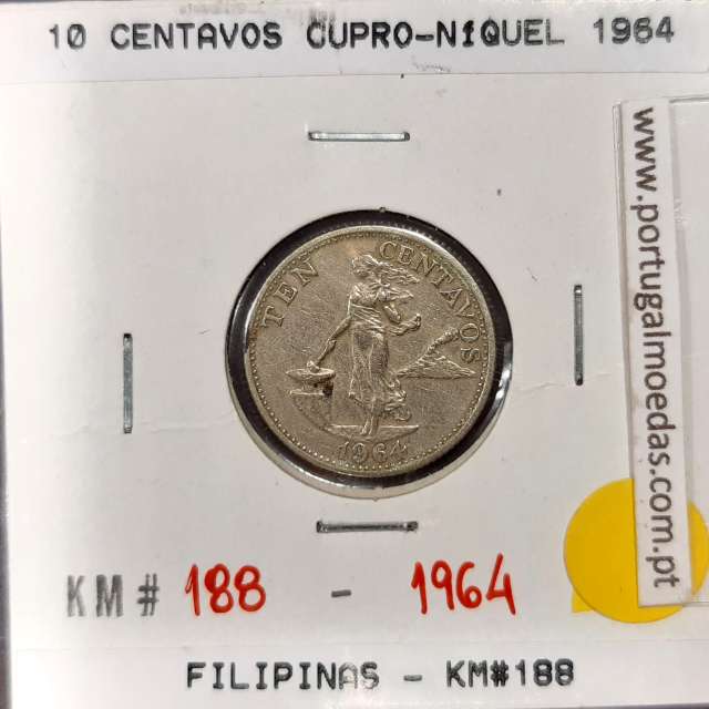 Filipinas 10 Centavos 1964 Cupro-Niquel, (Bela), World Coins Philippines KM 188