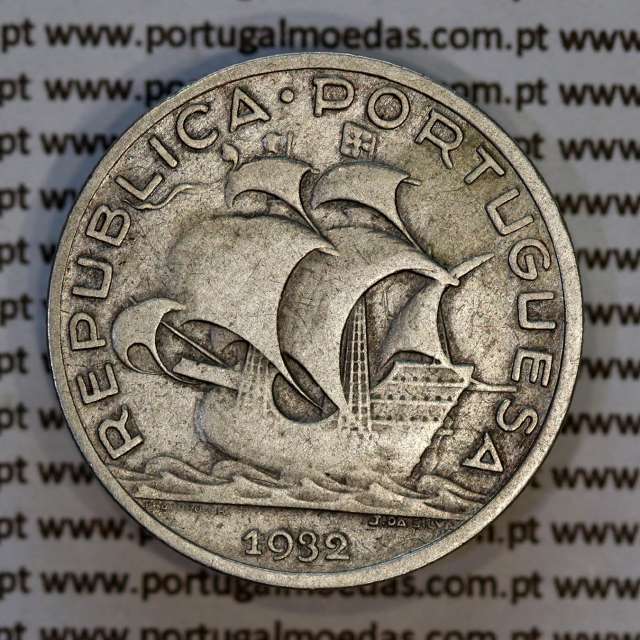 5 escudos 1932 prata, 5$00 1932 prata da República Portuguesa, (MBC), World Coins Portugal KM 581