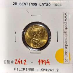 Filipinas 25 Sentimo 1994 Latão, (Sob), World Coins Philippines KM 241.2