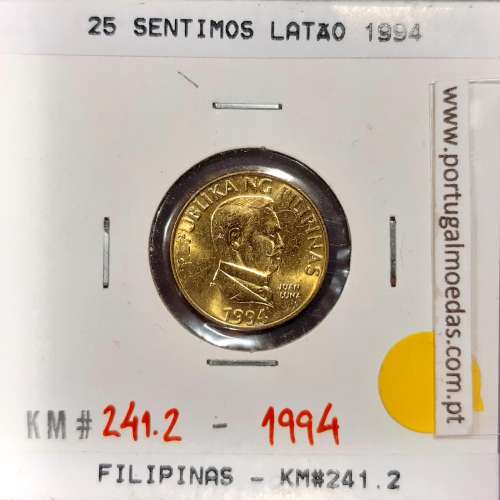 Filipinas 25 Sentimo 1994 Latão, (Sob), World Coins Philippines KM 241.2