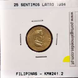 Filipinas 25 Sentimo 1994 Latão, (Bela), World Coins Philippines KM 241.2