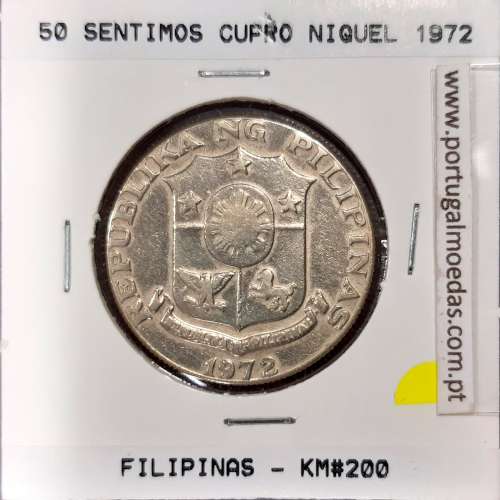 Filipinas 50 Sentimos 1972, variante algarismo 2 a terminar Perolado, Cupro-Niquel, (MBC+), World Coins Philippines KM 200