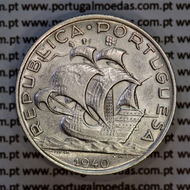 5 escudos 1940 prata, 5$00 1940 prata da República Portuguesa, (MBC+), World Coins Portugal KM 581