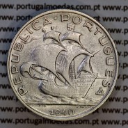 5 escudos 1940 prata, 5$00 1940 prata da República Portuguesa, (MBC+), World Coins Portugal KM 581